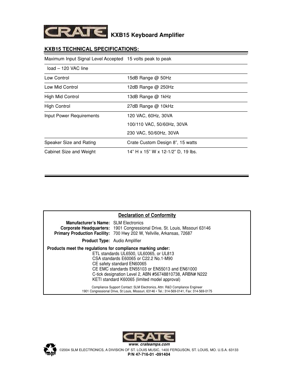 Kxb15 keyboard amplifier | Crate Amplifiers KXB15 User Manual | Page 4 / 4