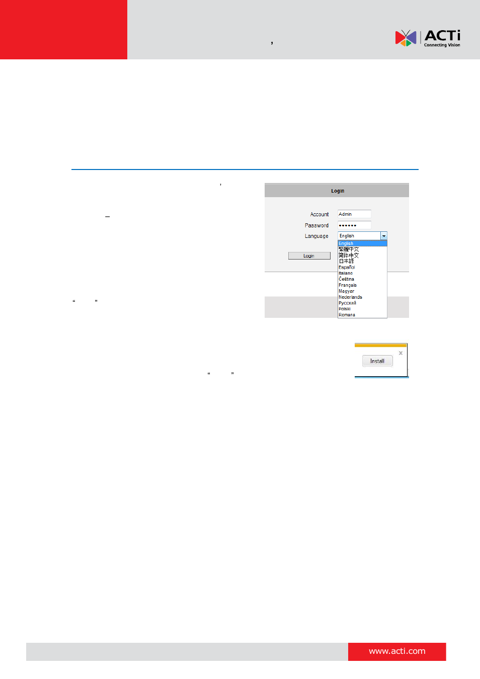 Live view, Login | ACTi V11 User Manual | Page 13 / 91