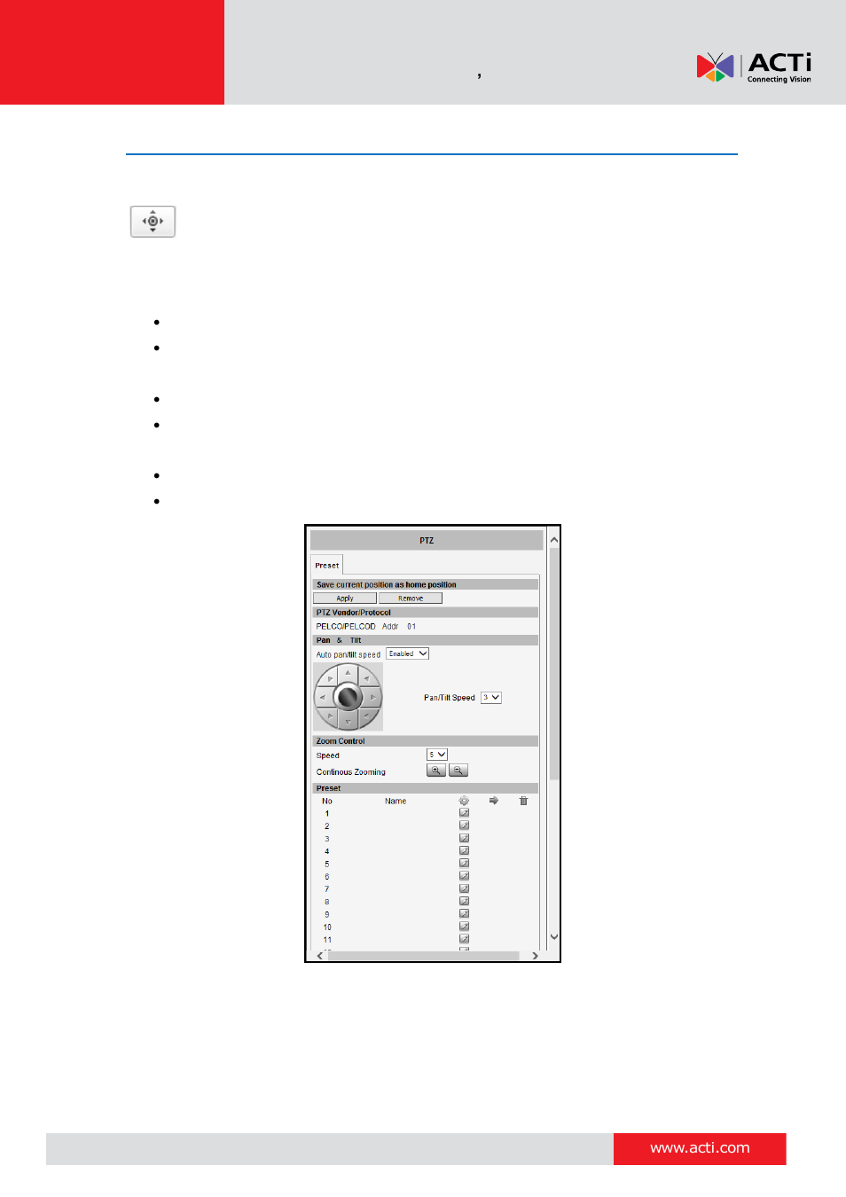 Ptz control panel (for v2x models only) | ACTi V11 User Manual | Page 17 / 91