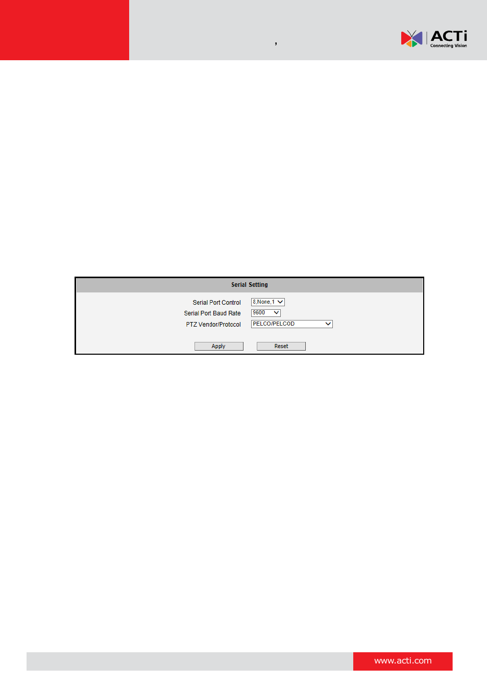 Serial setting | ACTi V11 User Manual | Page 22 / 91