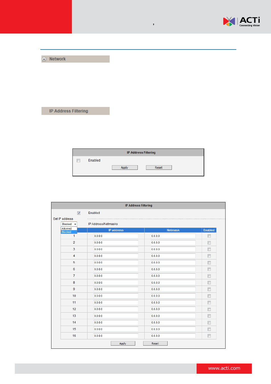 Network, Ip address filtering | ACTi V11 User Manual | Page 26 / 91