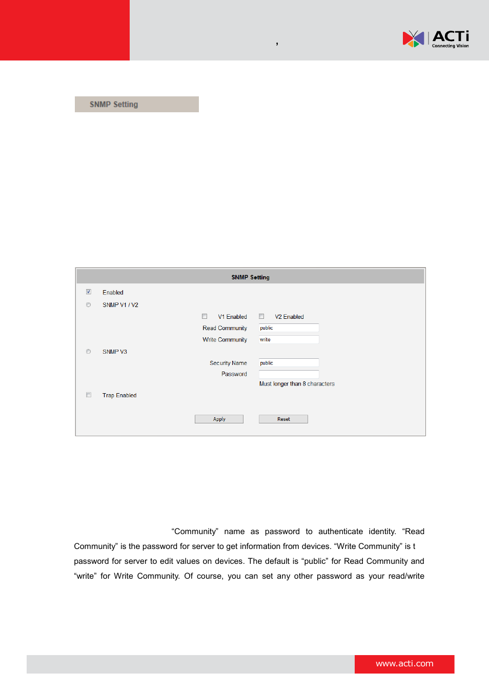Snmp setting, 34 snmp setting | ACTi V11 User Manual | Page 34 / 91