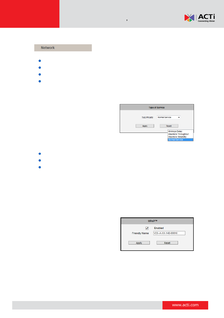 Network (tos, upnp, bonjour, onvif), Type of service, Upnp | 38 network (tos, upnp, bonjour, onvif) | ACTi V11 User Manual | Page 38 / 91