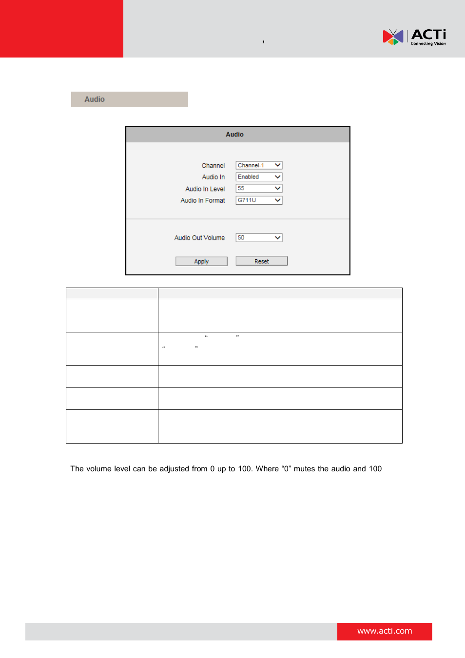 Audio, 59 audio | ACTi V11 User Manual | Page 59 / 91
