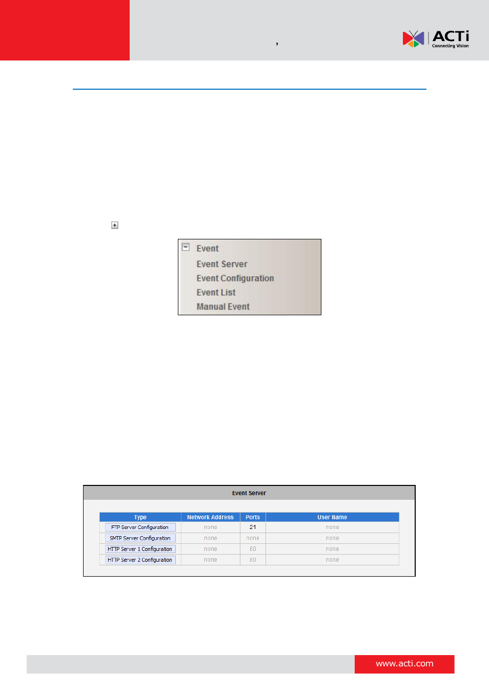 Event, Event server | ACTi V11 User Manual | Page 60 / 91