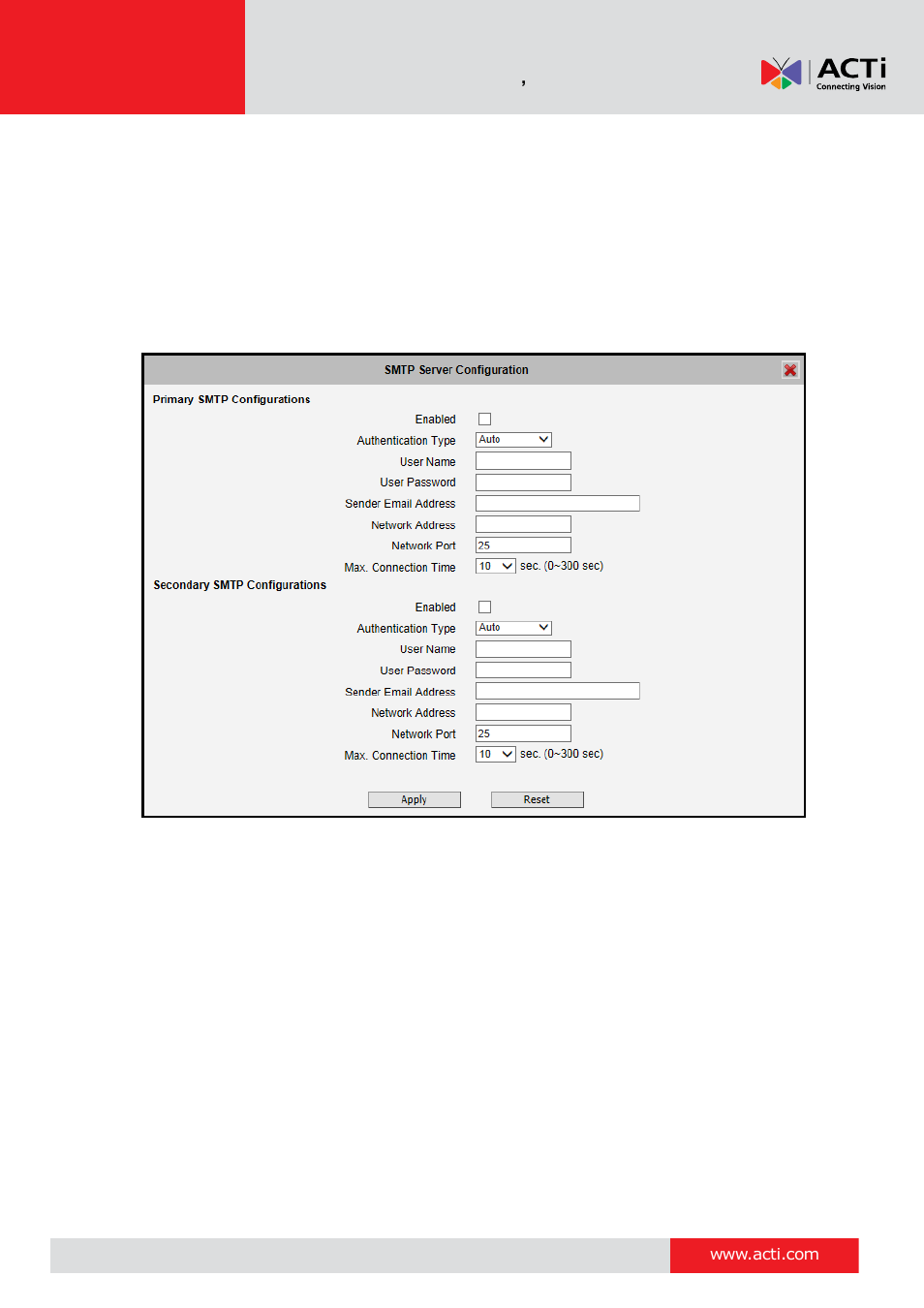 Smtp server | ACTi V11 User Manual | Page 62 / 91