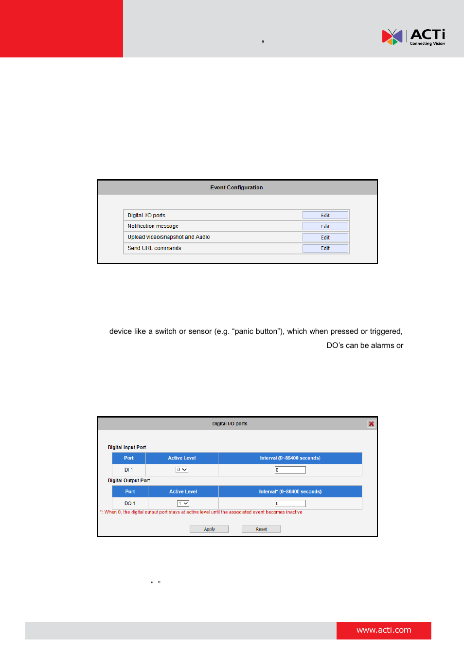 Event configuration, Digital i/o ports, 64 event configuration | ACTi V11 User Manual | Page 64 / 91