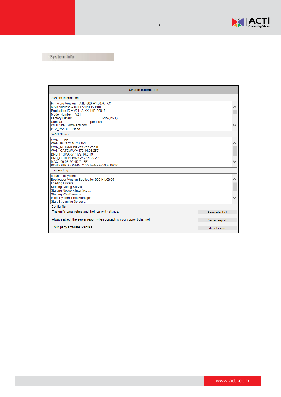System info, 87 system info | ACTi V11 User Manual | Page 87 / 91