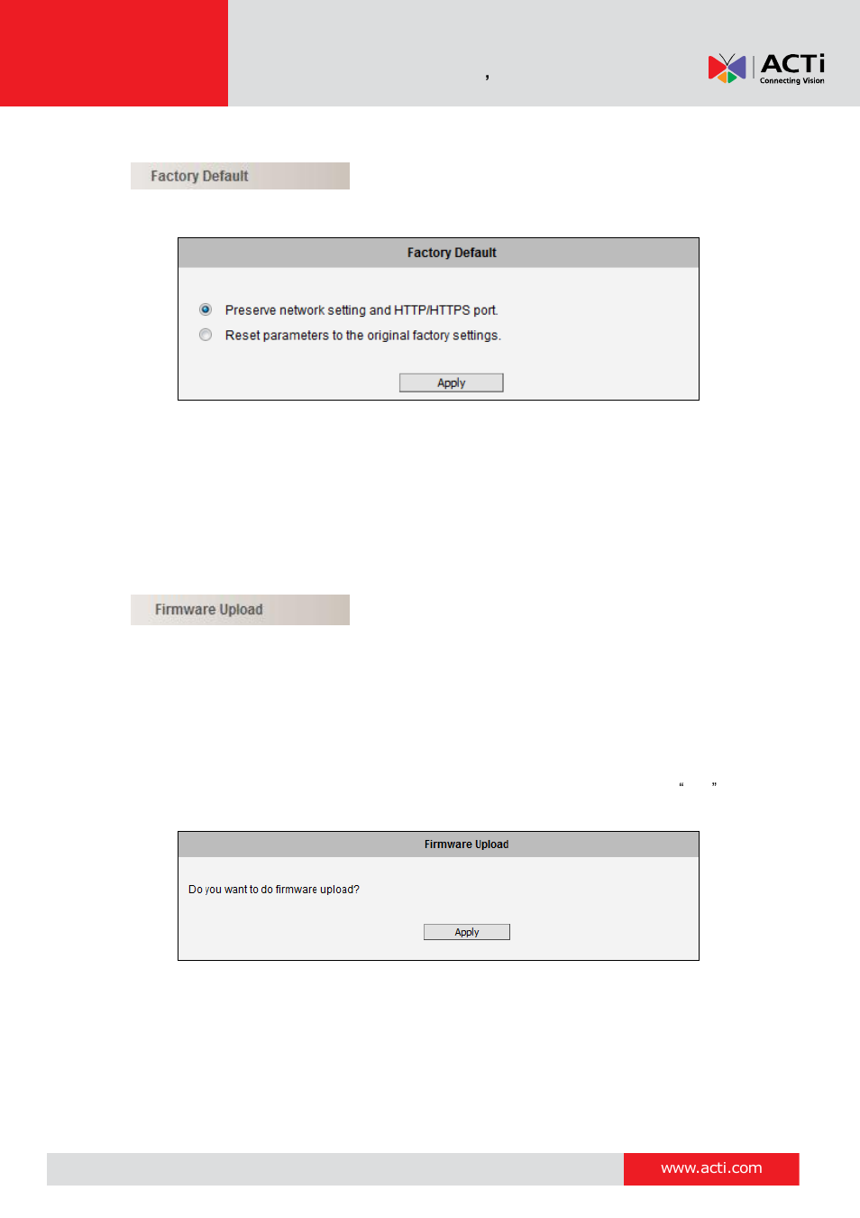 Factory default, Firmware upload, 88 factory default | ACTi V11 User Manual | Page 88 / 91