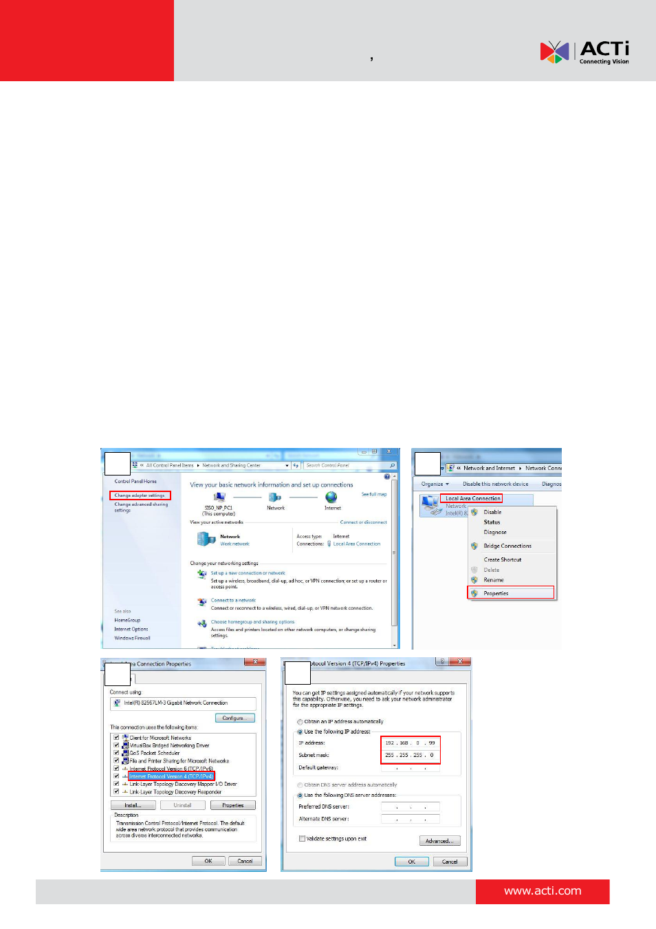 Use the device default ip address, Manually adjust the ip address of the pc | ACTi V11 User Manual | Page 9 / 91
