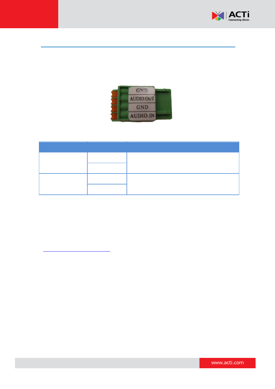 How to connect audio in / out (optional), E 32 | ACTi E89 User Manual | Page 32 / 47