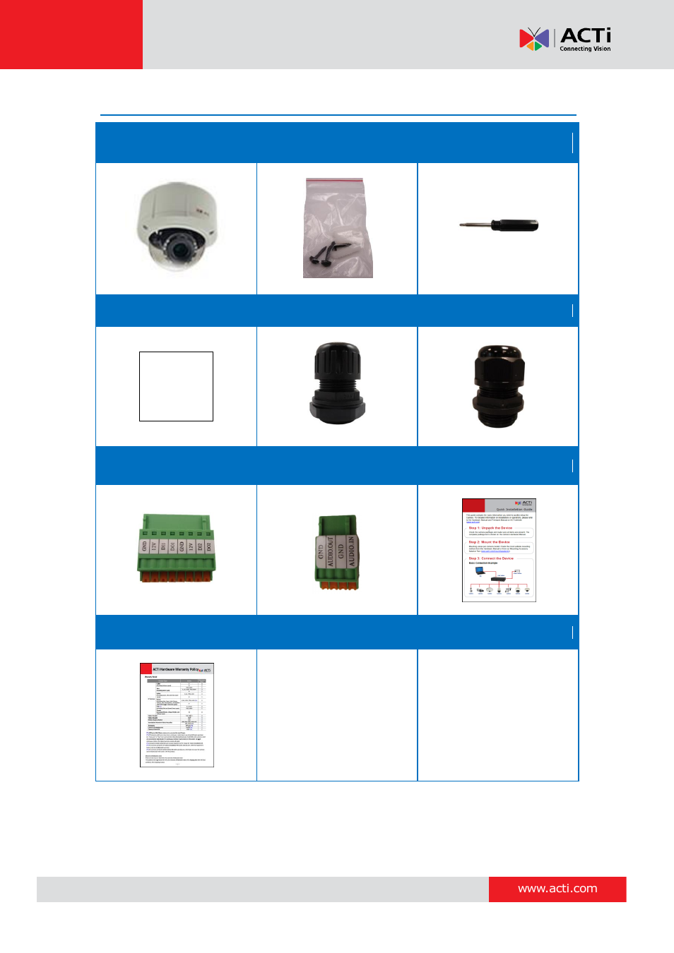 Package contents, Hardware manual | ACTi E89 User Manual | Page 8 / 47