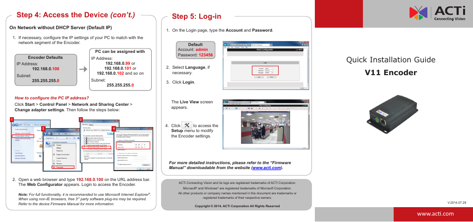 Step 5: log-in, Quick installation guide v11 encoder, Step 4: access the device (con’t.) | ACTi V11 User Manual | Page 2 / 2