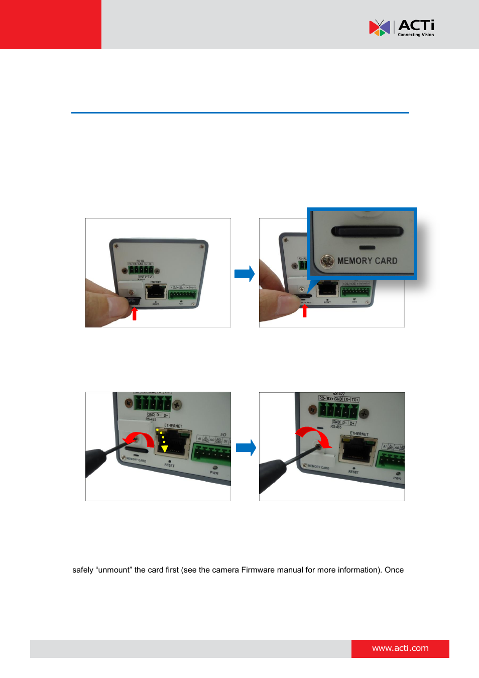 Other adjustments and accessories, How to install / remove the memory card, How to insert the memory card | How to remove the memory card, How to install / remove, The memory card, How to install / remove the, Memory card | ACTi E213 User Manual | Page 25 / 32