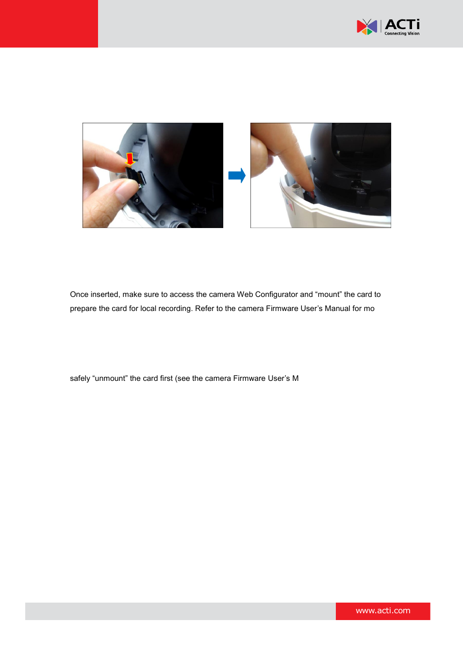 How to insert the memory card on b910 camera | ACTi B94 User Manual | Page 41 / 48