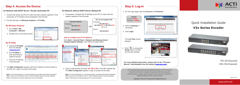 Step 5: log-in, Quick installation guide, V3x series encoder | Step 4: access the device | ACTi V31 User Manual | Page 2 / 2