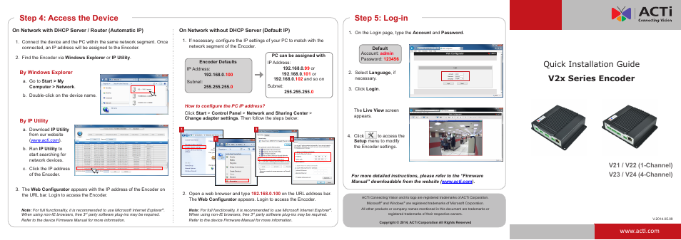Step 5: log-in, Quick installation guide, V2x series encoder | Step 4: access the device | ACTi V21 User Manual | Page 2 / 2