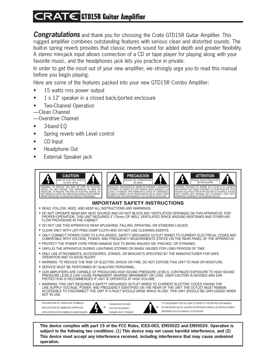 Gtd15r guitar amplifier | Crate Amplifiers GTD15R User Manual | Page 2 / 4