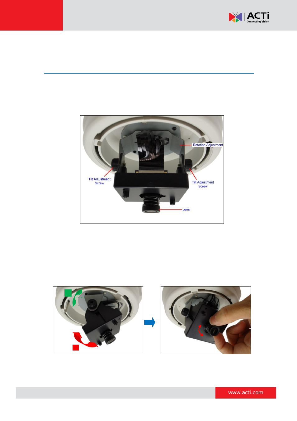 Other adjustments and accessories, How to adjust the viewing angle and focus, D51 / d52 / e51 | ACTi D51 User Manual | Page 21 / 31