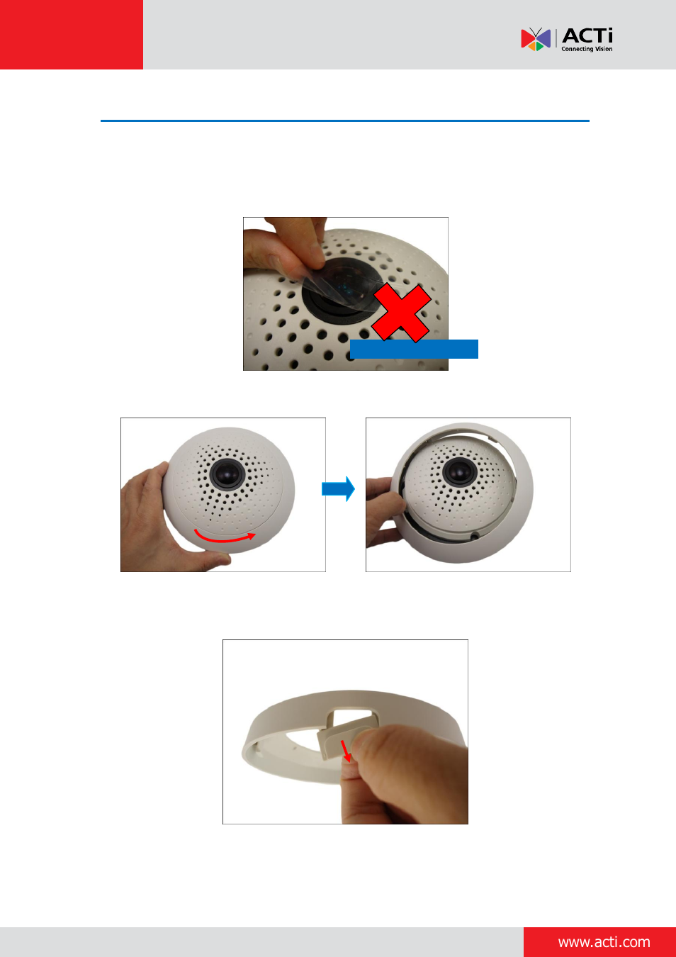 Step 2: prepare the camera | ACTi Indoor Hemispheric / Fisheye Dome on Straight Wall User Manual | Page 11 / 26