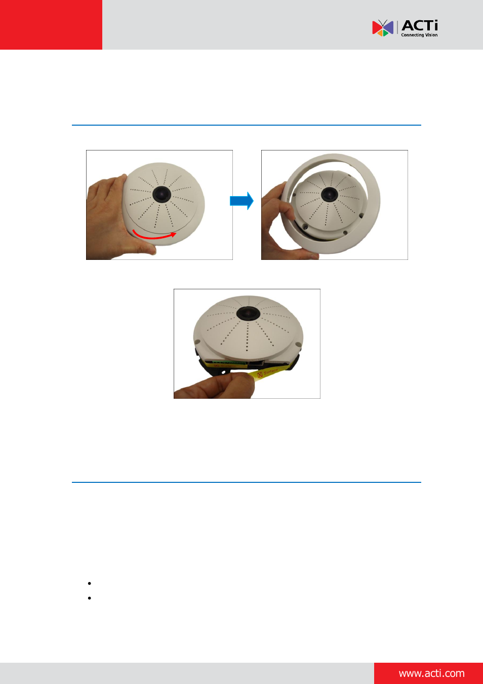 Installation procedures of kcm-3911, Step 1: unpack the camera, Step 2: prepare other device connectors (optional) | Installation, Procedures of kcm-3911 | ACTi Indoor Hemispheric / Fisheye Dome on Straight Wall User Manual | Page 4 / 26