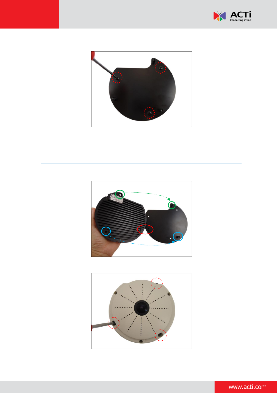 Step 4: attach the camera to the base plate | ACTi Indoor Hemispheric / Fisheye Dome on Straight Wall User Manual | Page 6 / 26