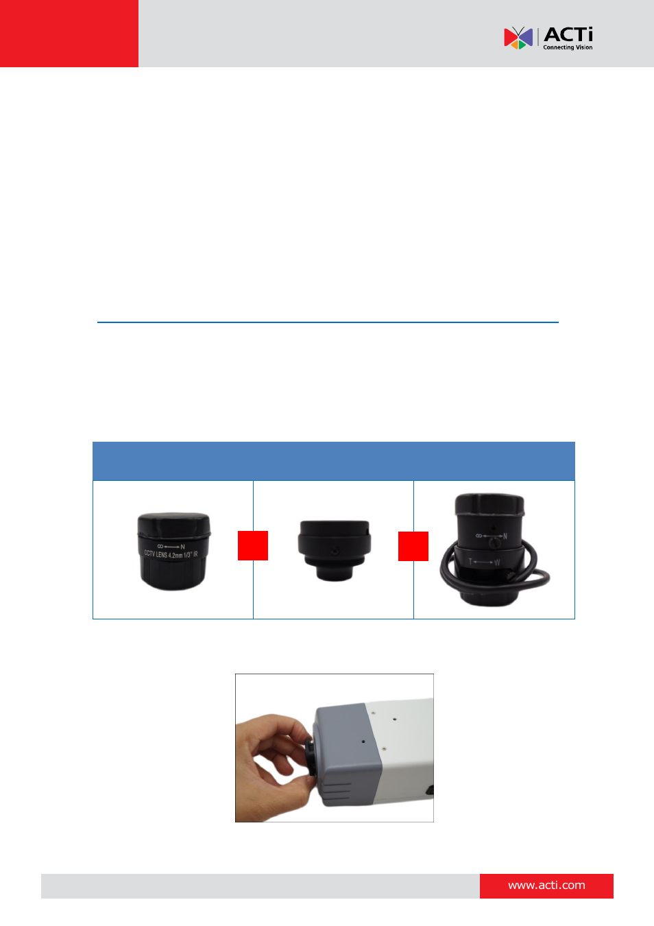 Indoor installation procedures, Step 1: attach the camera lens | ACTi D21FA User Manual | Page 23 / 42