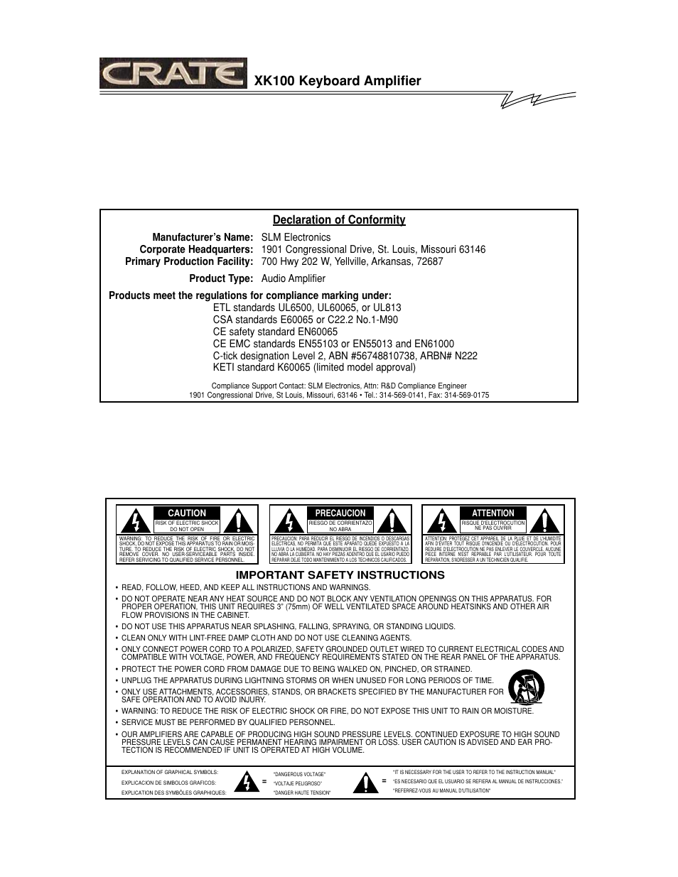 Xk100 keyboard amplifier, Declaration of conformity | Crate Amplifiers XK100 User Manual | Page 2 / 8