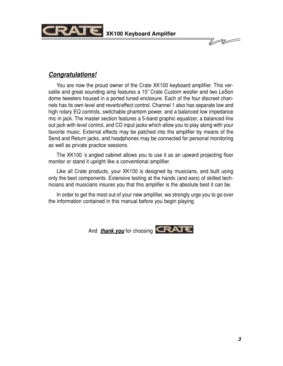 Crate Amplifiers XK100 User Manual | Page 3 / 8