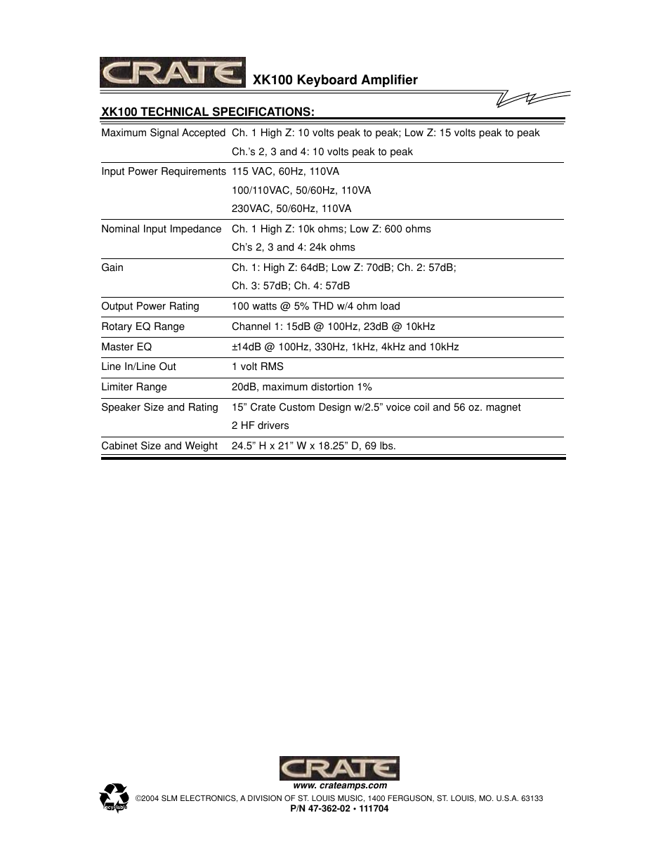 Xk100 keyboard amplifier | Crate Amplifiers XK100 User Manual | Page 8 / 8