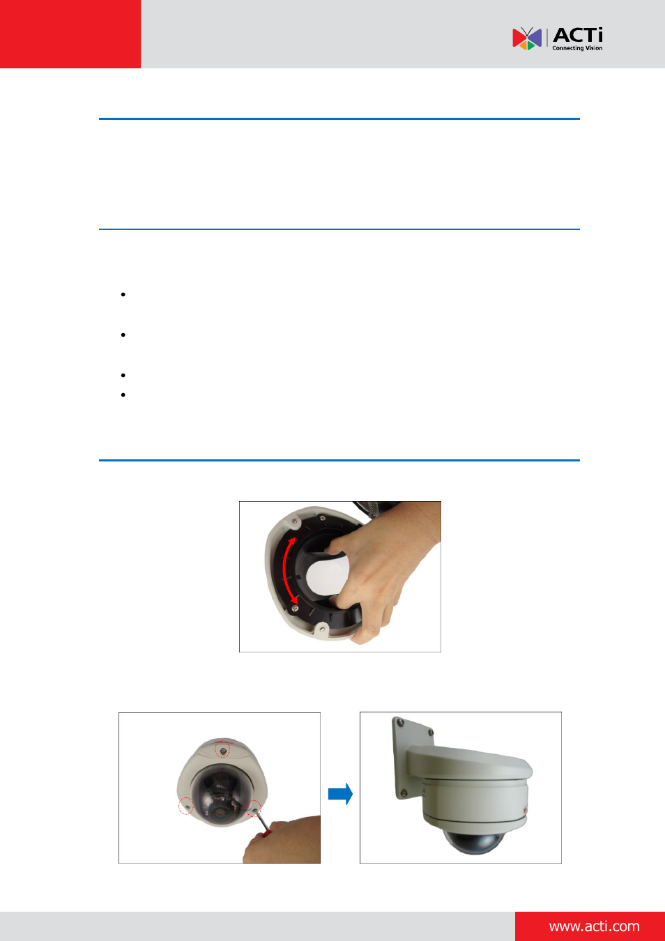 Step 8: access the camera live view, Step 9: adjust the viewing angle and focus, Step 10: close the dome cover | ACTi Outdoor Dome on Straight Wall with Accessory Sets of PMAX-0314 User Manual | Page 18 / 65