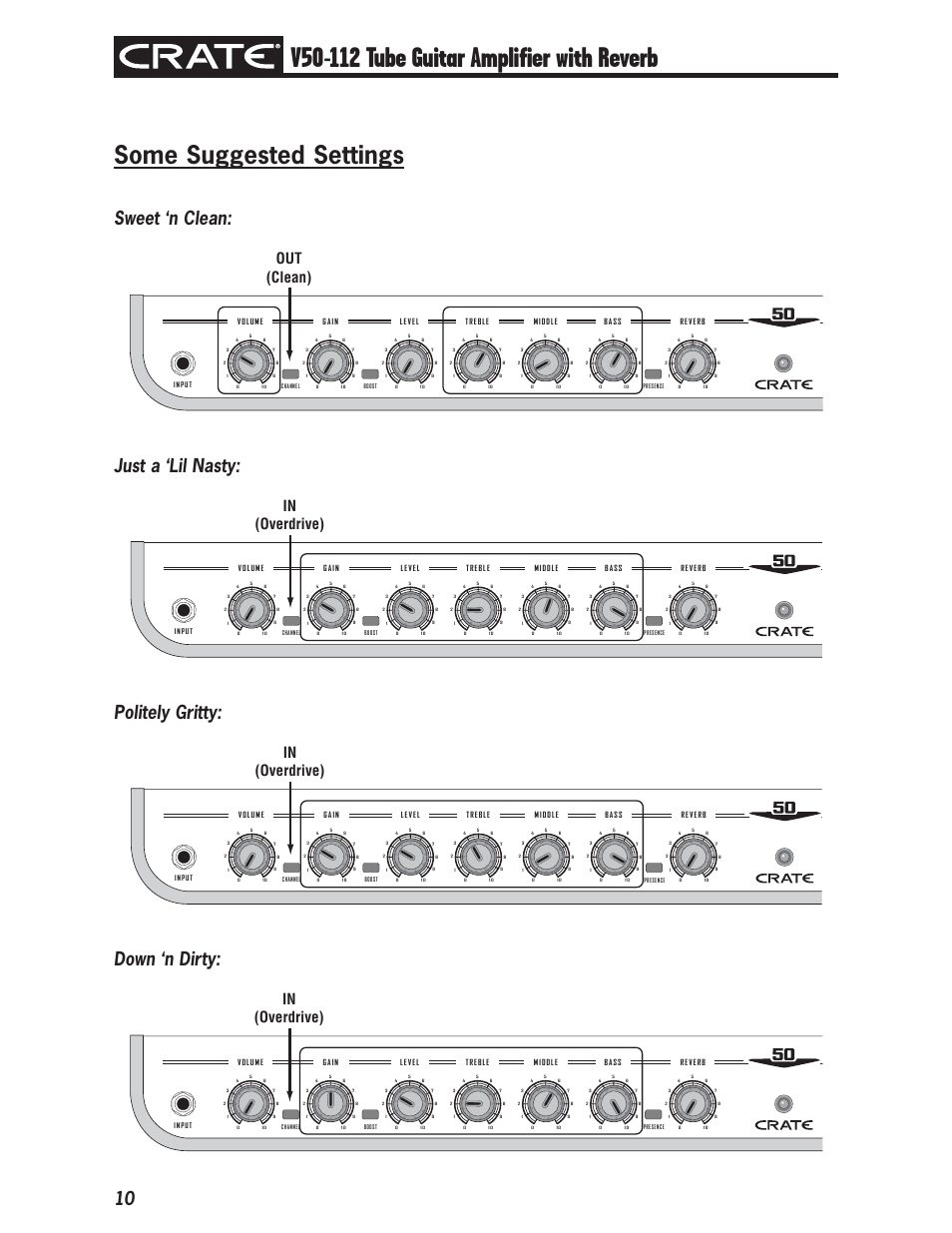 Some suggested settings, Sweet ‘n clean, Just a ‘lil nasty | Politely gritty, Down ‘n dirty, Out (clean) | Crate Amplifiers V50-112 User Manual | Page 10 / 12
