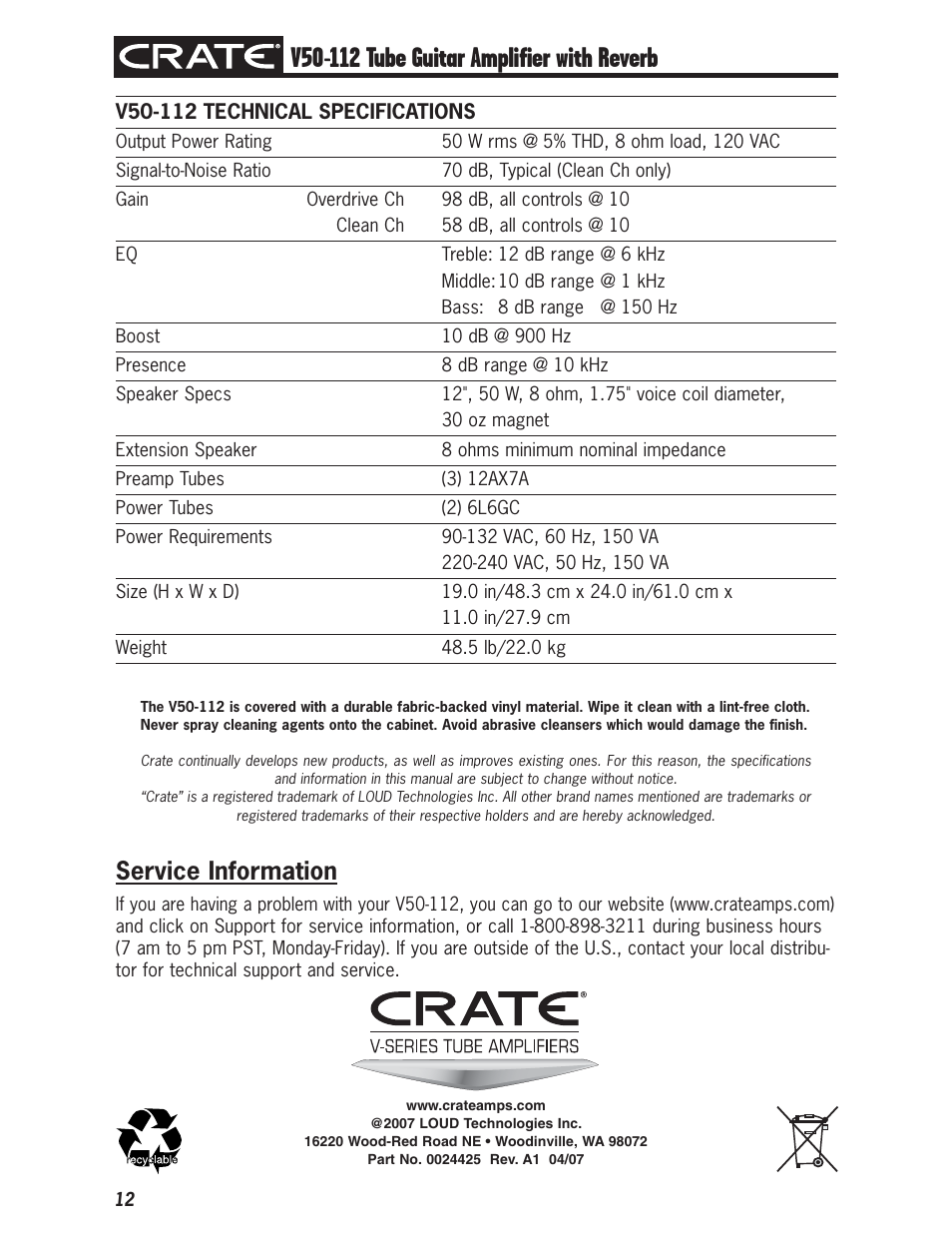 Service information | Crate Amplifiers V50-112 User Manual | Page 12 / 12