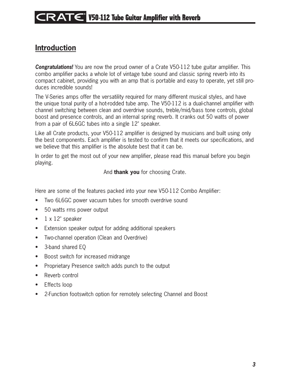 Introduction | Crate Amplifiers V50-112 User Manual | Page 3 / 12