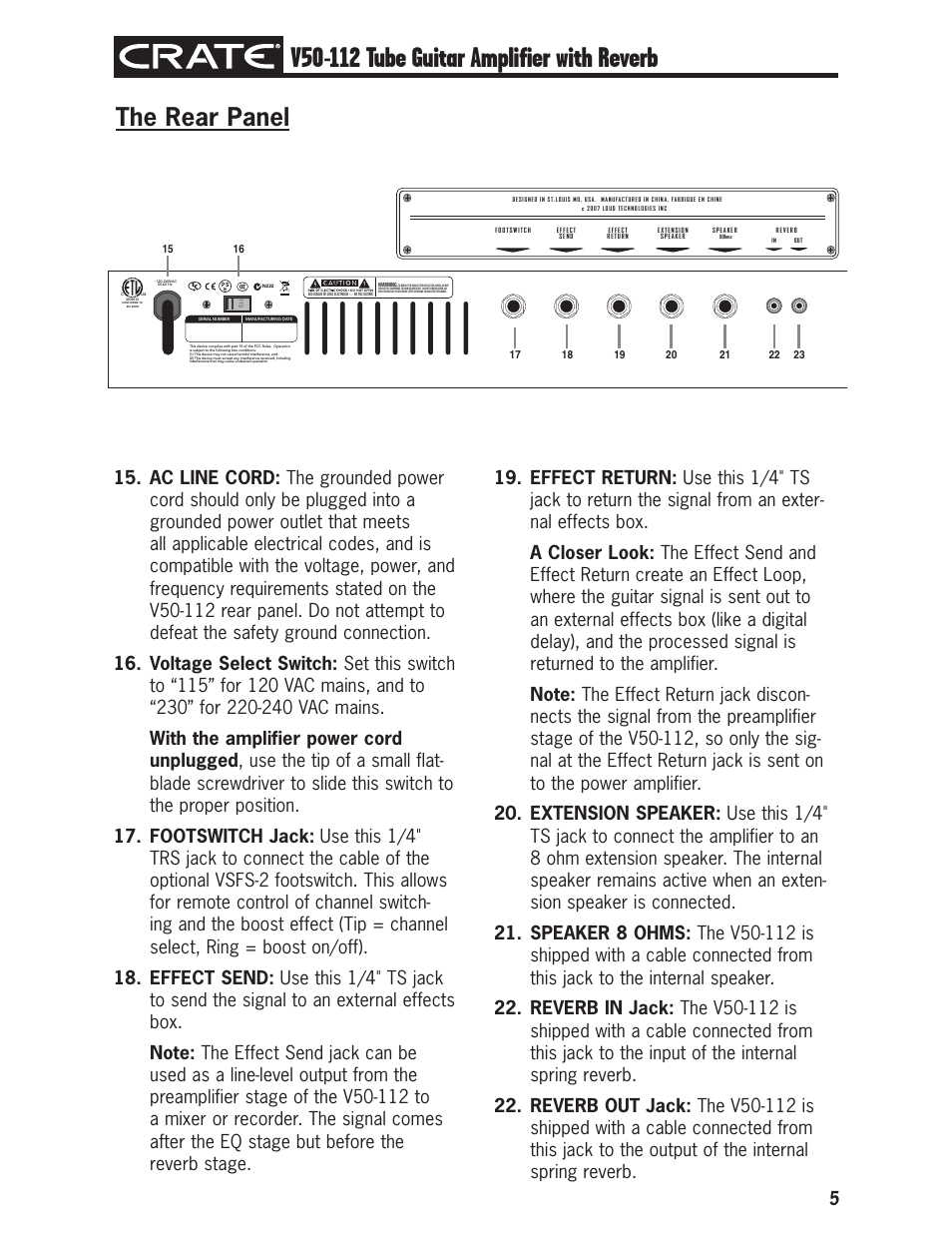 The rear panel | Crate Amplifiers V50-112 User Manual | Page 5 / 12