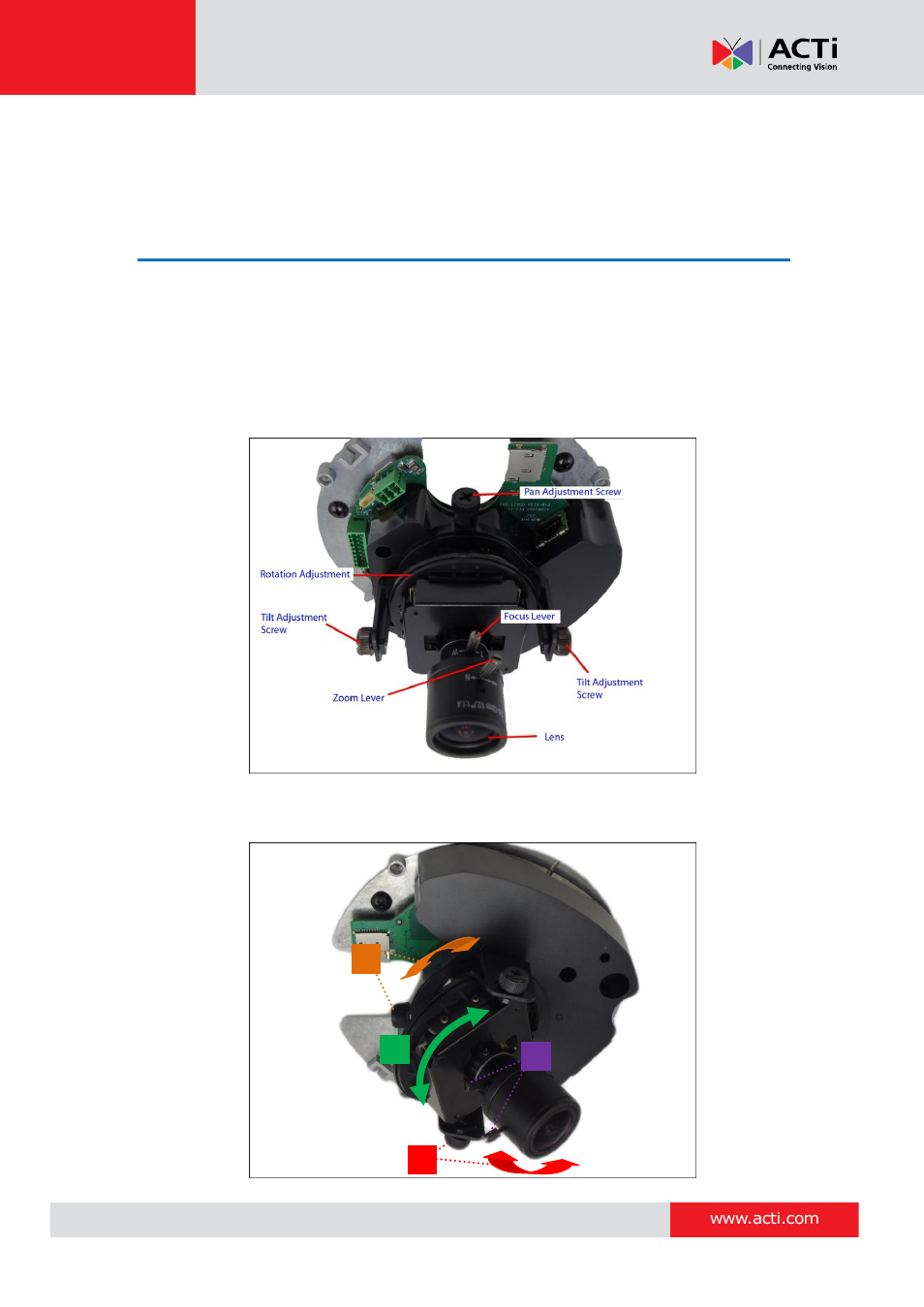 Other adjustments and accessories, How to adjust the camera viewing angle and focus, D61a, e66a camera models | How to adjust the camera viewing angle and, Focus, E 24 | ACTi D61A User Manual | Page 24 / 37