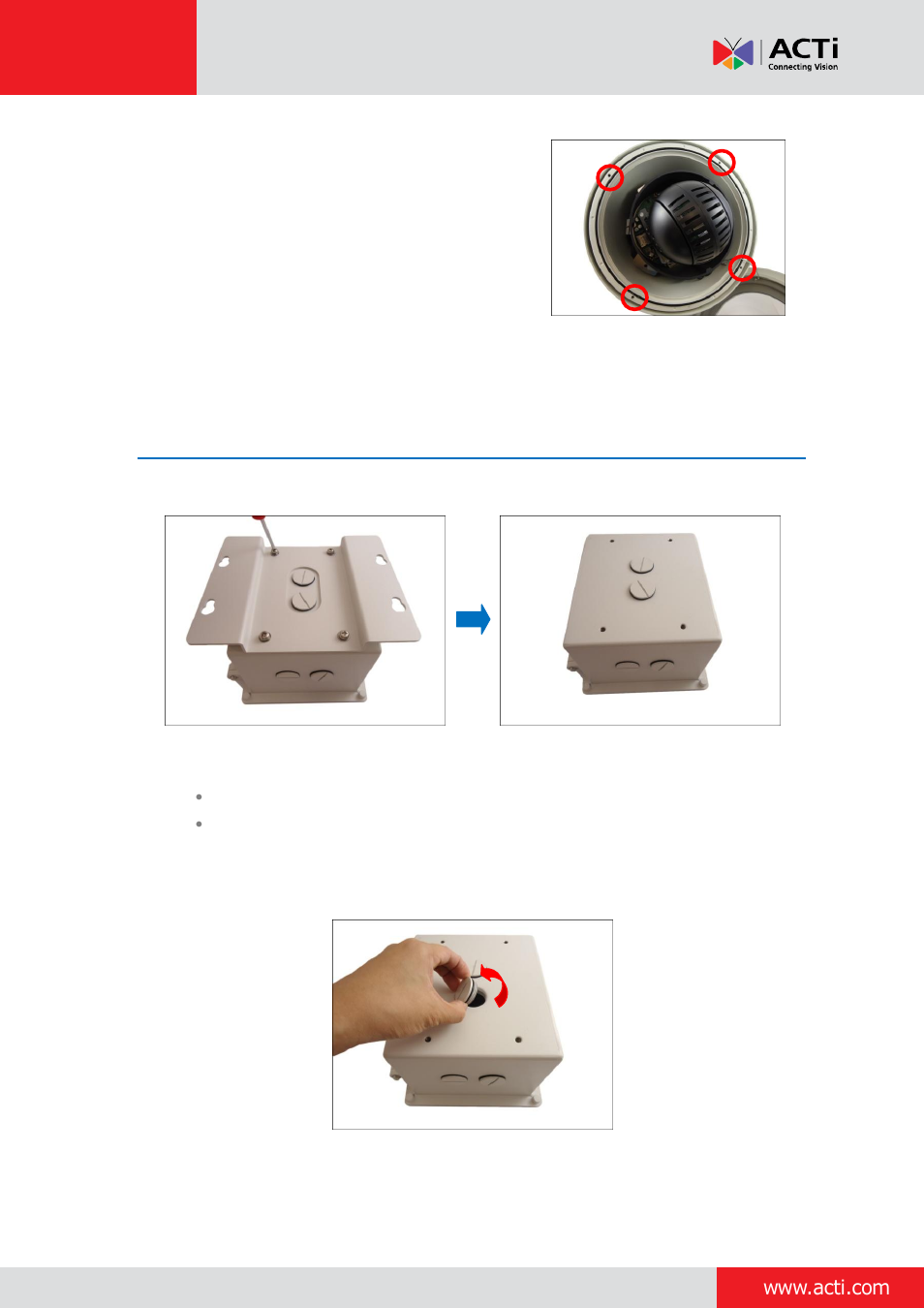 Step 2: prepare the junction box | ACTi Outdoor PTZ / Speed Dome (I9x) on Horizontal Pole with Pendant Mount User Manual | Page 21 / 36