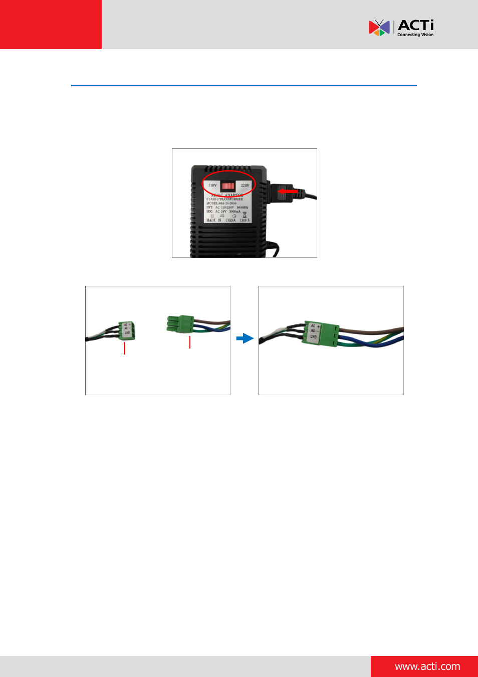 How to use the power adapter (for i9x models) | ACTi Outdoor PTZ / Speed Dome (I9x) on Horizontal Pole with Pendant Mount User Manual | Page 32 / 36
