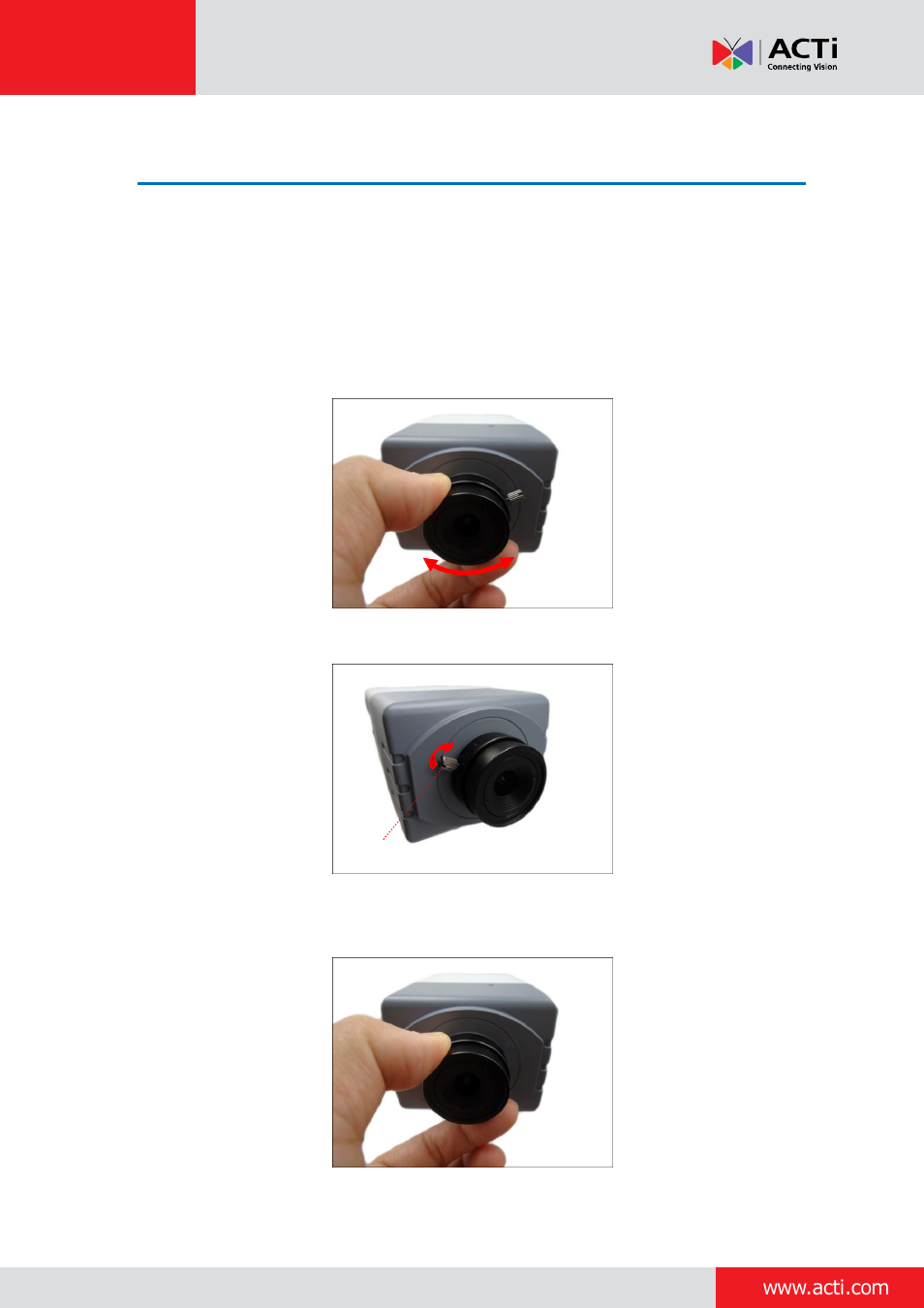 How to adjust the viewing angle and focus, D21f / e21f, D22f / e22f / e270 | E 23 | ACTi Indoor Box Camera on Wall with Bracket User Manual | Page 23 / 31