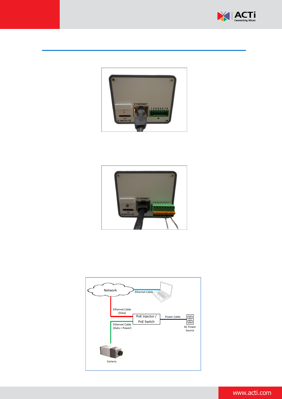 Step 4: connect the cable(s), Installation guide | ACTi Indoor Box Camera on Wall with Bracket User Manual | Page 8 / 31