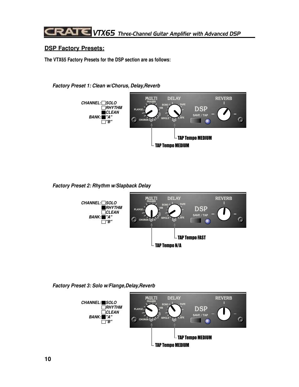 Vtx65, Three-channel guitar amplifier with advanced dsp, 10 dsp factory presets | Factory preset 1: clean w/chorus, delay,reverb, Tap tempo medium, Multi, Delay, Reverb | Crate Amplifiers CHANNEL GUITAR AMPLIFIER WITH ADVANCED DSP VTX65 User Manual | Page 10 / 16