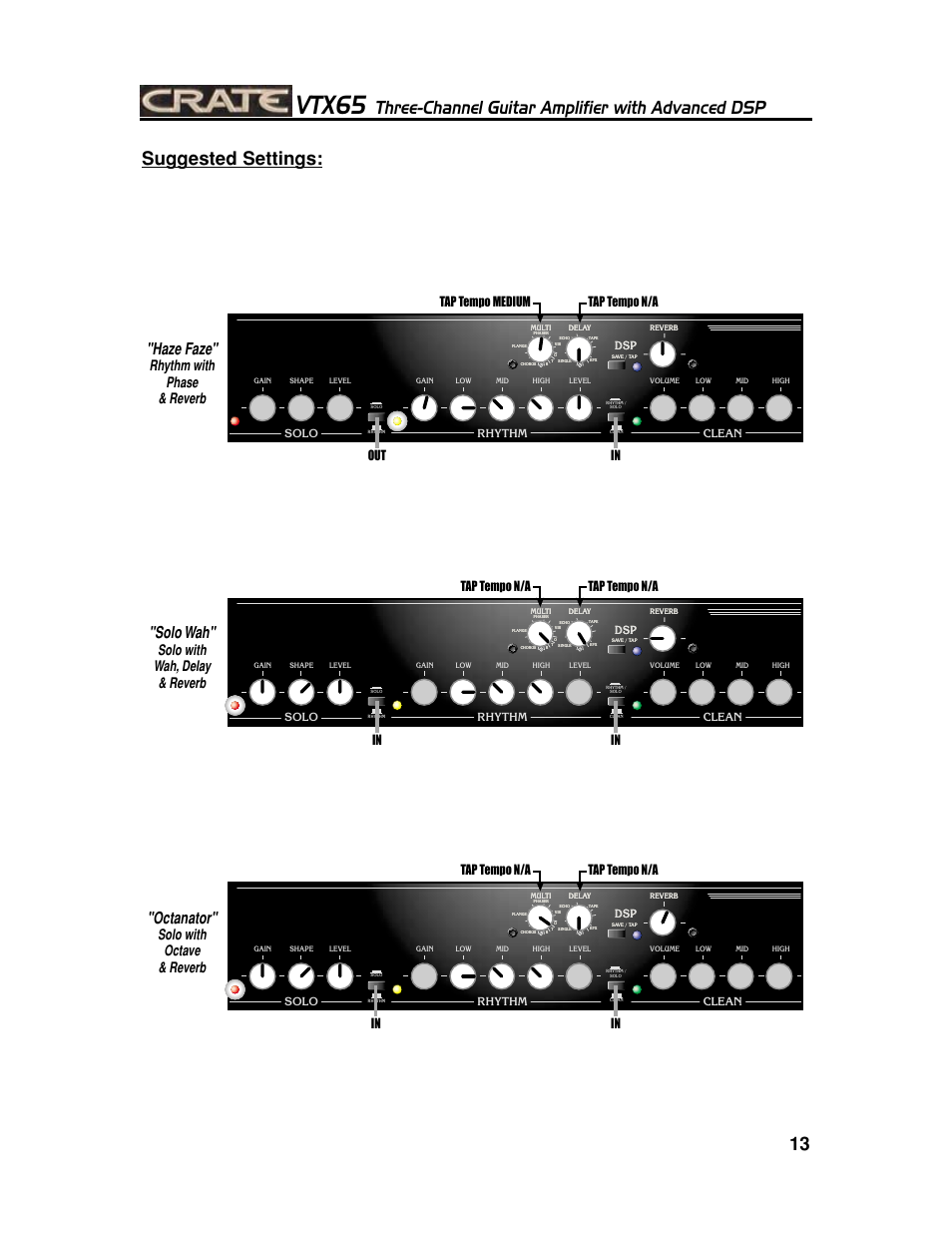 Vtx65, Three-channel guitar amplifier with advanced dsp, Suggested settings | Haze faze, Solo wah, Octanator, Rhythm with phase & reverb, Solo with wah, delay & reverb, Solo with octave & reverb, Solo rhythm clean | Crate Amplifiers CHANNEL GUITAR AMPLIFIER WITH ADVANCED DSP VTX65 User Manual | Page 13 / 16