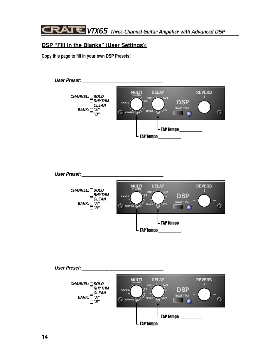 Vtx65, Three-channel guitar amplifier with advanced dsp, 14 dsp “fill in the blanks” (user settings) | User preset, Copy this page to fill in your own dsp presets, Tap tempo, Multi, Delay, Reverb | Crate Amplifiers CHANNEL GUITAR AMPLIFIER WITH ADVANCED DSP VTX65 User Manual | Page 14 / 16