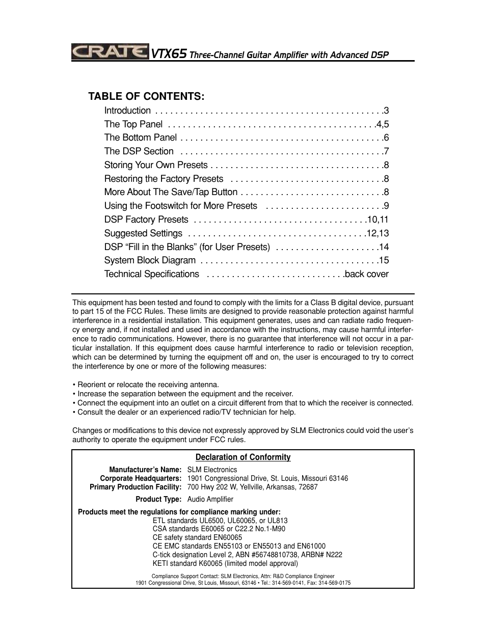 Crate Amplifiers CHANNEL GUITAR AMPLIFIER WITH ADVANCED DSP VTX65 User Manual | Page 2 / 16