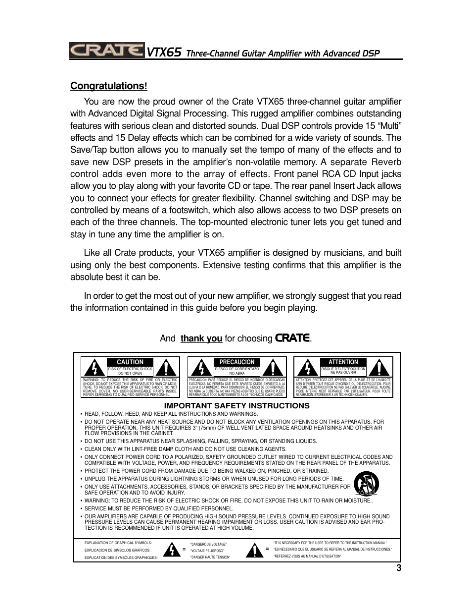 Vtx65, Ccr ra at te e, Three-channel guitar amplifier with advanced dsp | Crate Amplifiers CHANNEL GUITAR AMPLIFIER WITH ADVANCED DSP VTX65 User Manual | Page 3 / 16