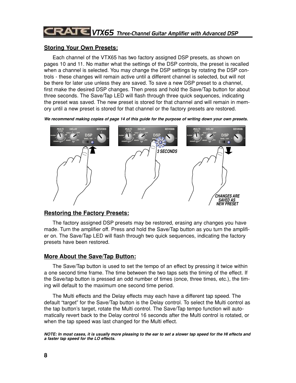 Vtx65, Three-channel guitar amplifier with advanced dsp, 8storing your own presets | Restoring the factory presets, More about the save/tap button, 3 seconds changes are saved as new preset | Crate Amplifiers CHANNEL GUITAR AMPLIFIER WITH ADVANCED DSP VTX65 User Manual | Page 8 / 16