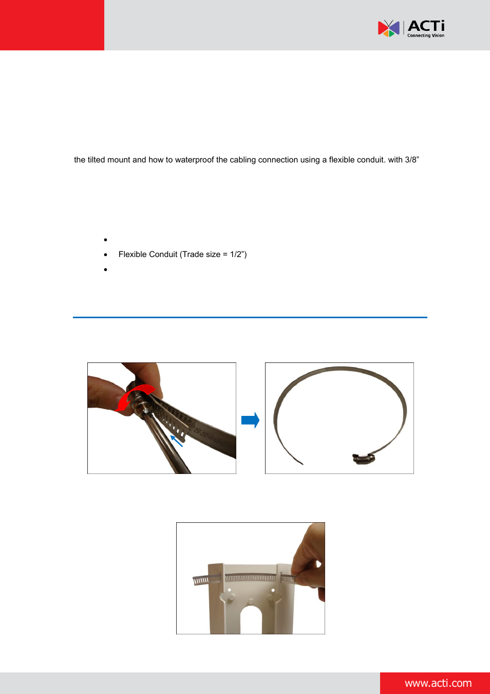 Installation procedures using flex conduit, Step 1: attach the pole mount kit, Installation using flexible conduit | ACTi Outdoor Hemispheric / Fisheye Dome on Vertical Pole with Tilted Mount (PMAX-0310) User Manual | Page 12 / 27