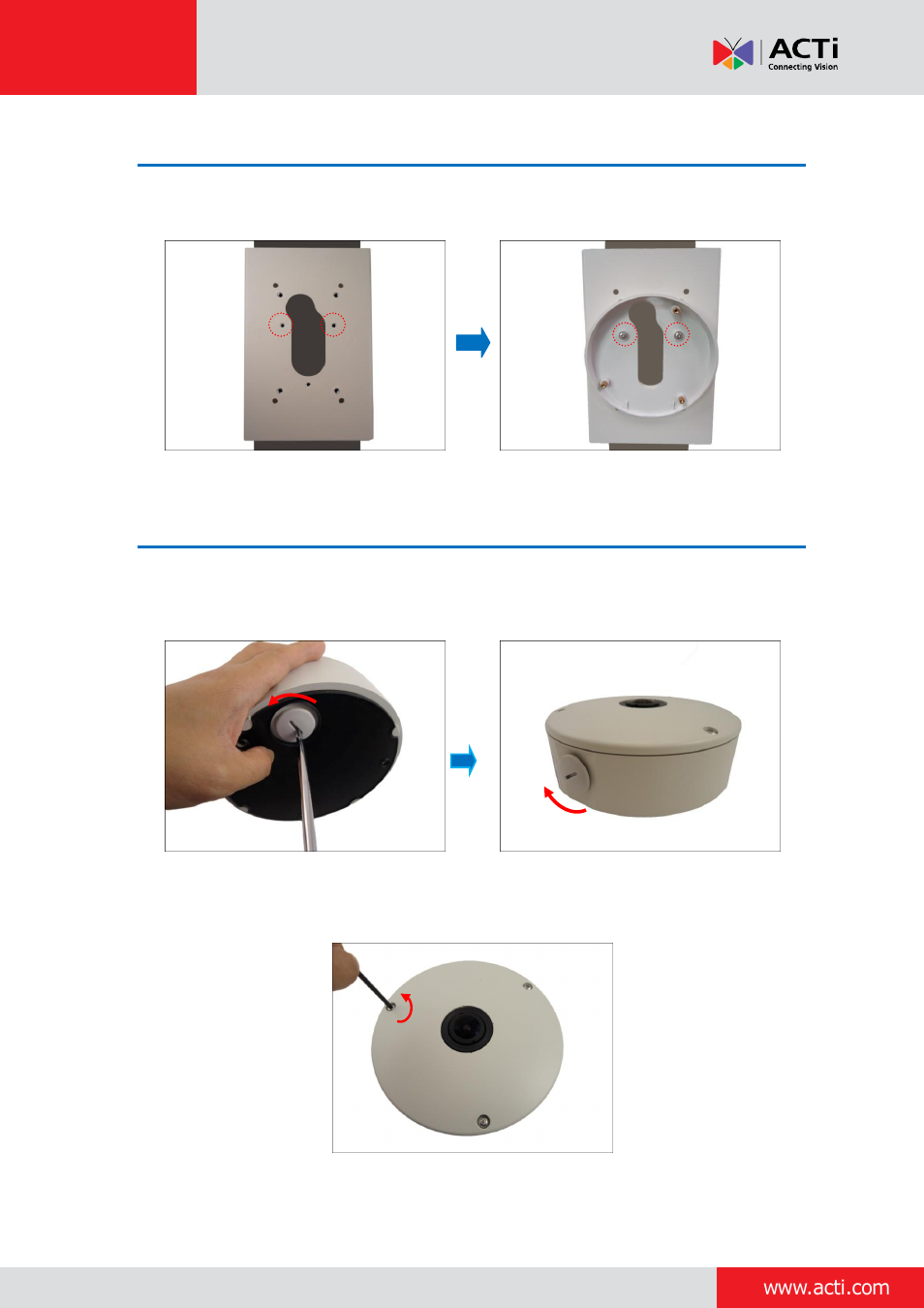 Step 2: attach the tilted mount, Step 3: open the camera cover | ACTi Outdoor Hemispheric / Fisheye Dome on Vertical Pole with Tilted Mount (PMAX-0310) User Manual | Page 14 / 27