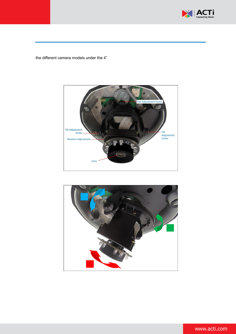 Focus and viewing angle adjustments, D7x / e7x series, E 42 | ACTi Outdoor Dome on Vertical Pole with Accessory Sets User Manual | Page 42 / 51