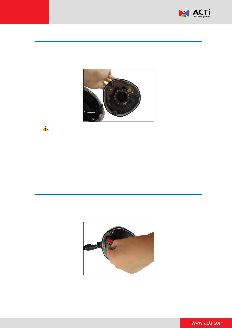 Step 4: install the camera to the wall, Step 5: connect the cable(s) | ACTi Outdoor Dome on Tilted Wall User Manual | Page 13 / 31